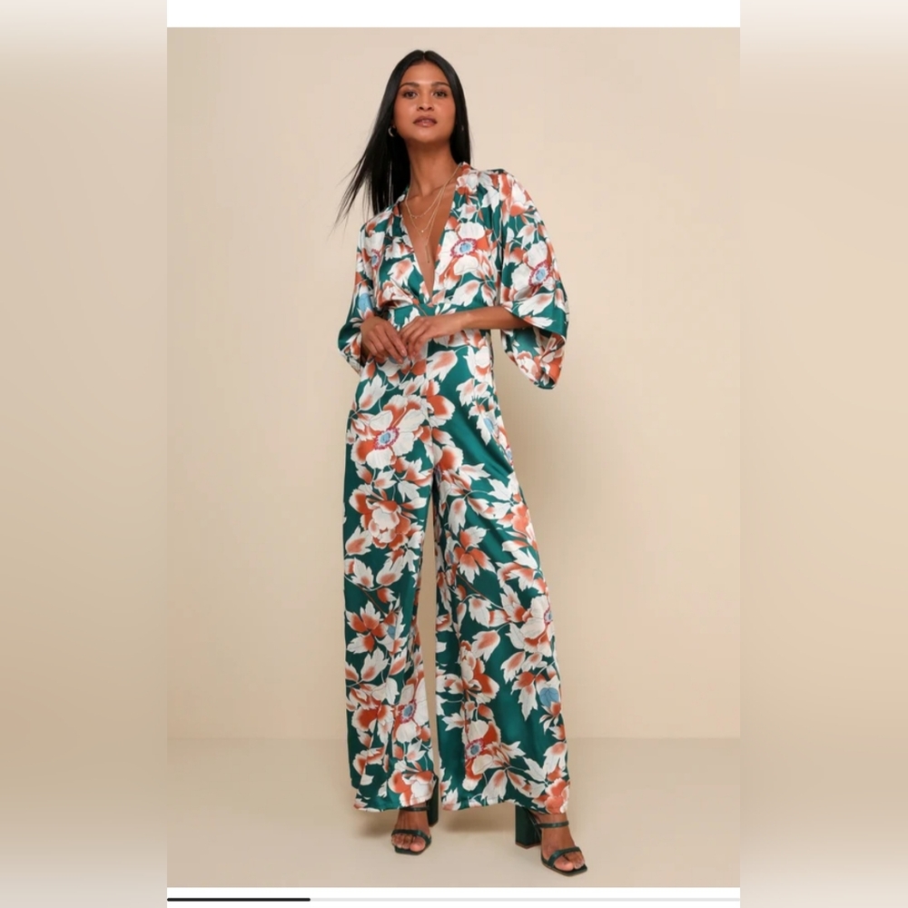 Lulu's Teal Green Floral Wide-Leg Jumpsuit with White & Peach Flowers